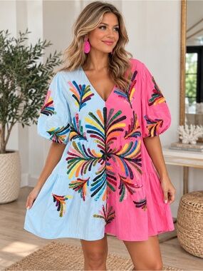 Queen of Sparkles Pink & Blue Colorblock Otomi Sequin Dress – XL